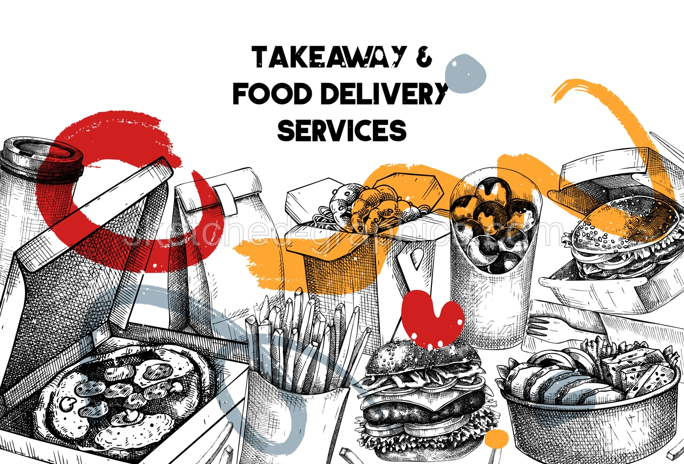 Fast food background. Hand drawn vector illustration. Collage style.  Food delivery, takeaway food, takeout food in paper box, fast food menu design. Pizza, burger, coffee, noodles, poke, sushi sketch Illustration